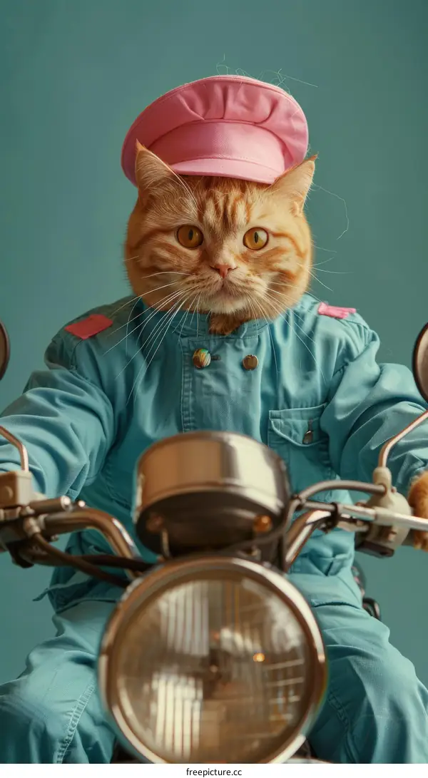 Cat in a blue uniform and pink hat riding a motorcycle