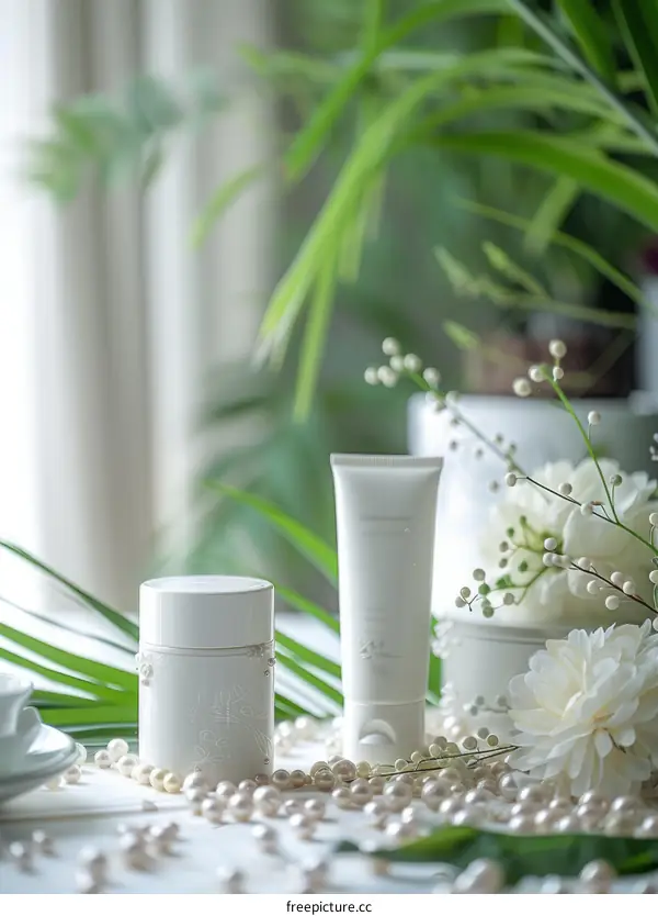 Close-up of skincare products with pearls and flowers