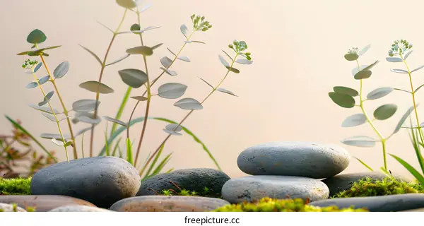 Stones and Eucalyptus Leaves on Green Moss