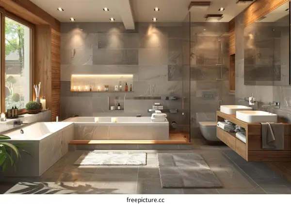 Modern Luxurious Bathroom Design with Wooden Accents
