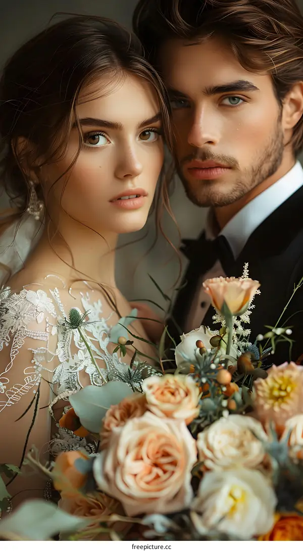 A newlywed couple is holding a bouquet of flowers, staring at each other affectionately