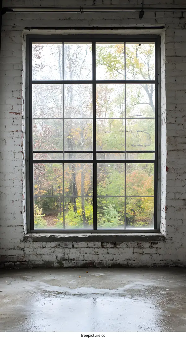 Large Window With View Of Autumn Trees In A Brick Building