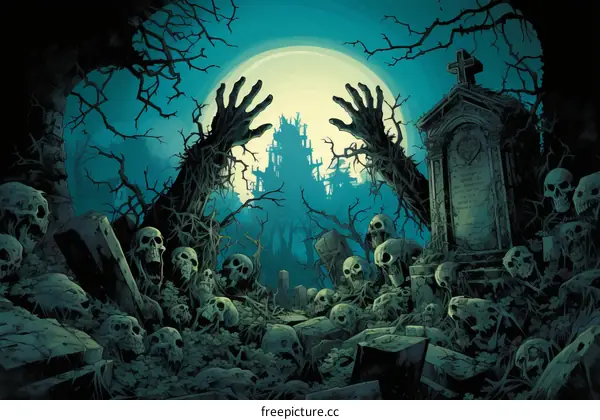 Spooky Graveyard with Zombies and Skulls