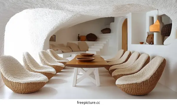 Modern Minimalist Dining Room with Woven Chairs