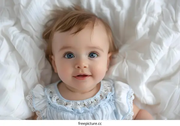 Portrait of a smiling baby girl in a blue dress