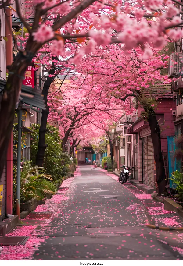Pink Cherry Blossoms Falling on Street in Japan