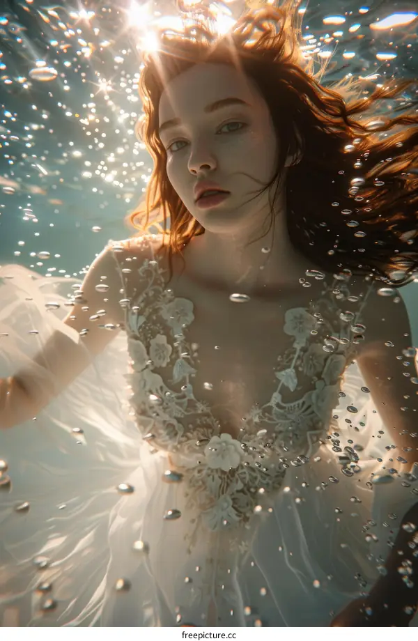 Woman in a White Dress with Red Hair Underwater