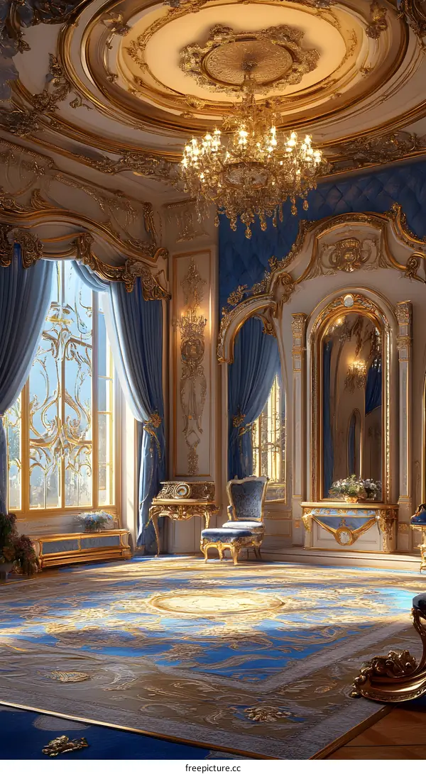 Elegant Blue and Gold Palace Interior Design with Ornate Chandelier