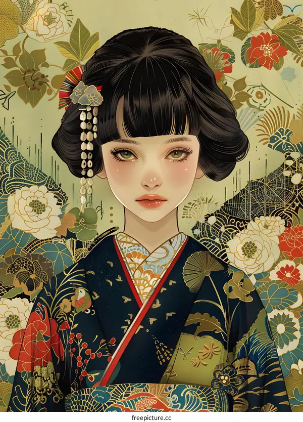 A young woman in a kimono with a floral background