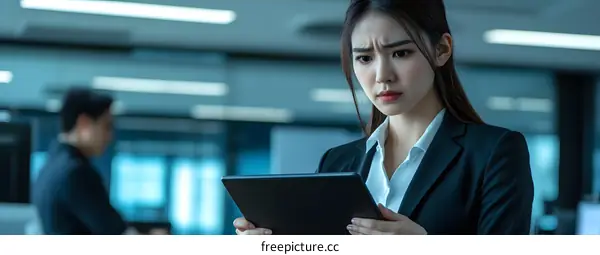Focused Asian Woman Using Tablet In Office