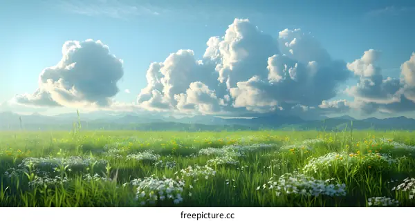 Green Grass Field With White Flowers Under Blue Sky With Clouds