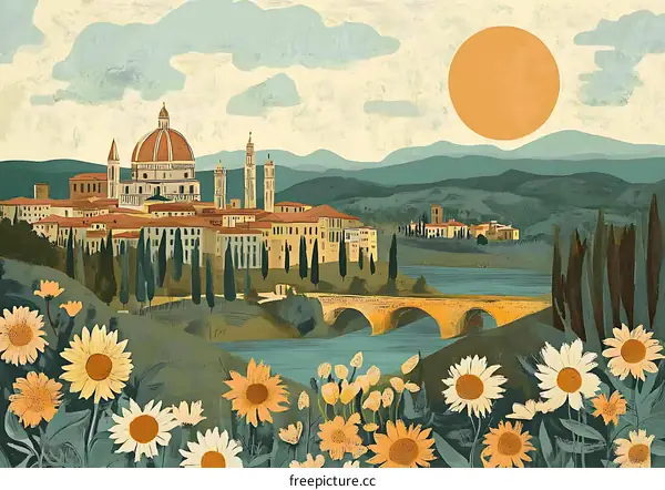 Sunlit Italian Landscape with a Bridge and Flowers