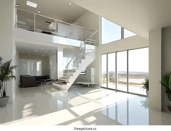 Modern Interior Design with Staircase and Large Windows