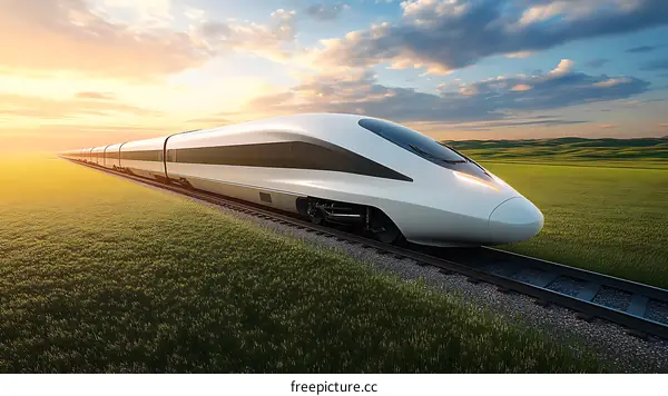 High-Speed Train Across a Lush Landscape at Sunrise