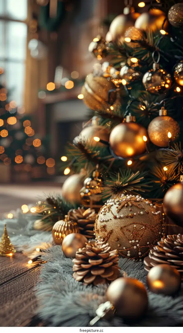 Golden Christmas Tree Decorations on a Wooden Floor