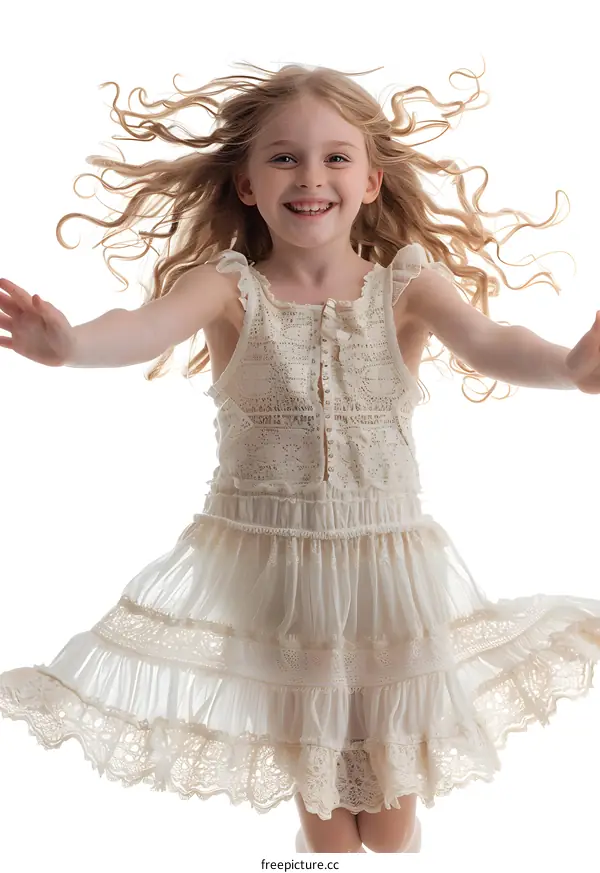 Little Girl In White Dress Smiling With Open Arms Against A White Background