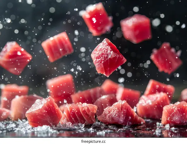 Raw tuna cubes falling down with water drops on black background