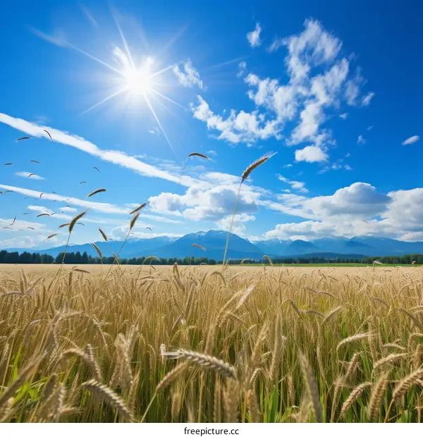 A golden wheat field on a sunny day with mountains in the distance