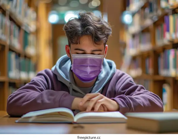 student studying in library wearing mask