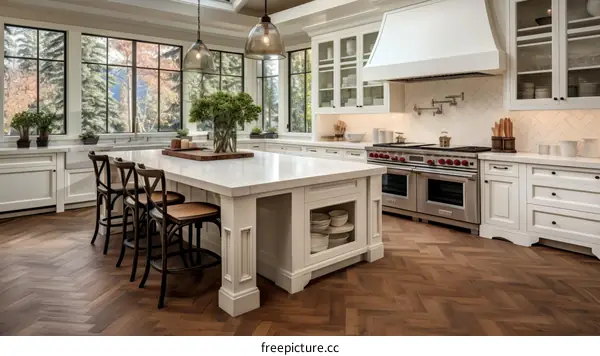 Modern Farmhouse Kitchen With Wood Floors And White Cabinets