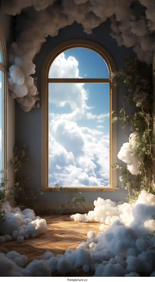 Surreal room filled with clouds and a large window