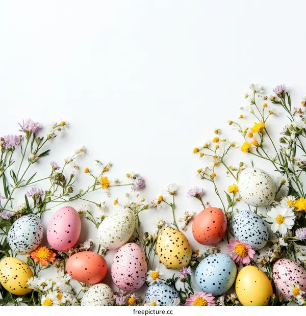 Colorful Easter Eggs with Flowers on White Background