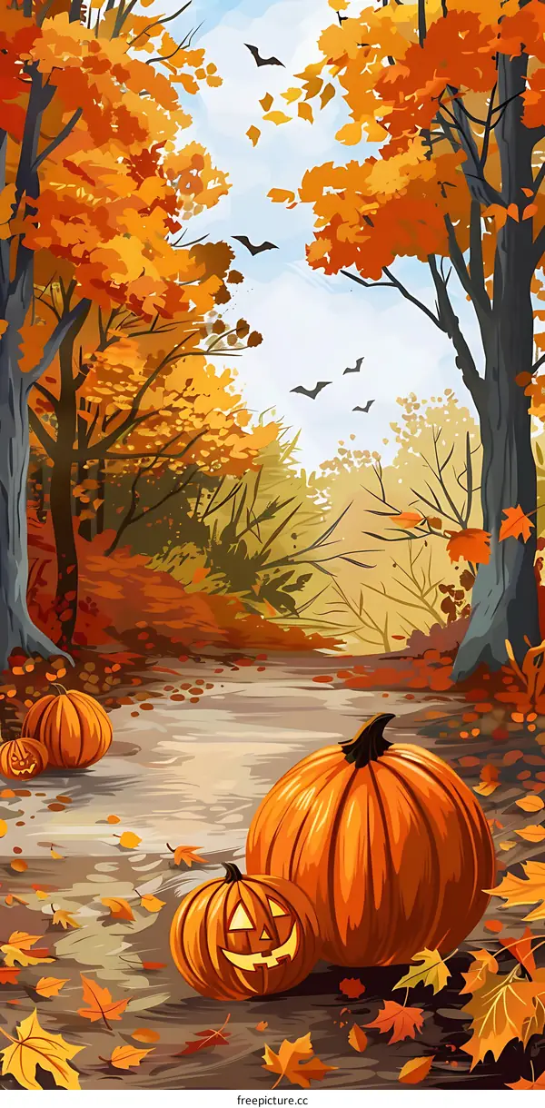 Autumn Forest Path with Pumpkins and Bats