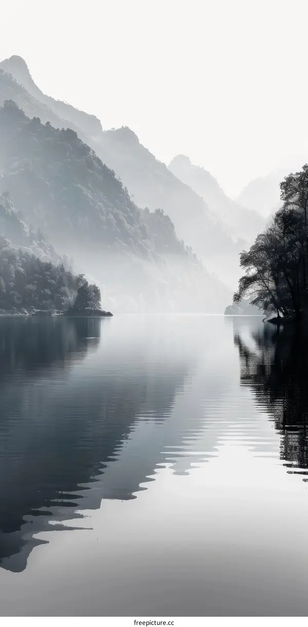 Misty mountains and lake landscape in black and white