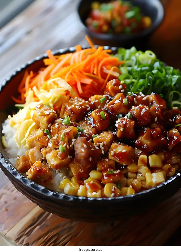 Korean Style Fried Chicken and Vegetables Rice Bowl