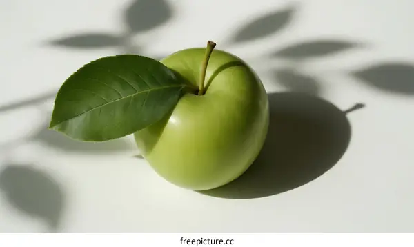 Fresh Green Apple with Leaf on White Background