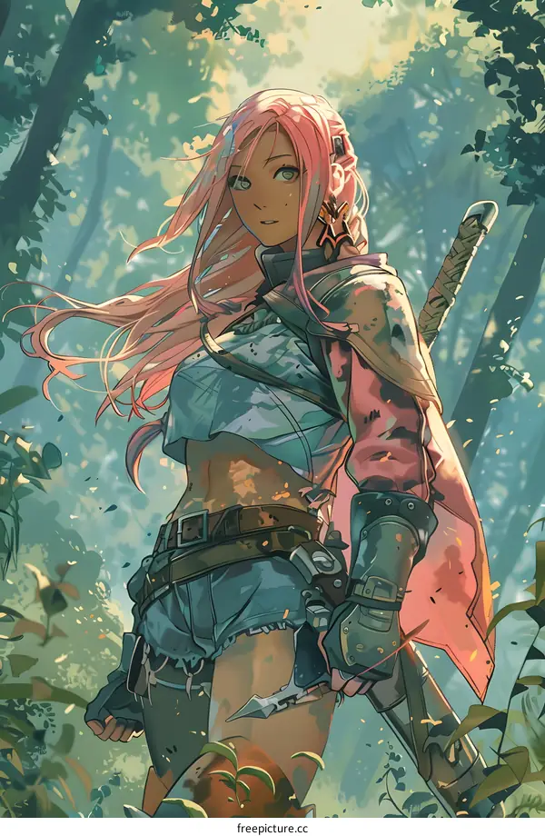 Anime Girl with Pink Hair and Sword in Forest