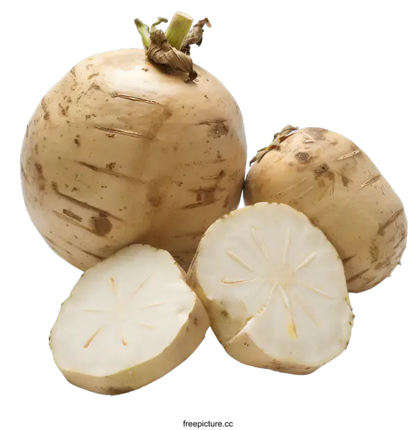 [Transparent Background PNG]Fresh Whole and Sliced Turnip Root Isolated on White Background