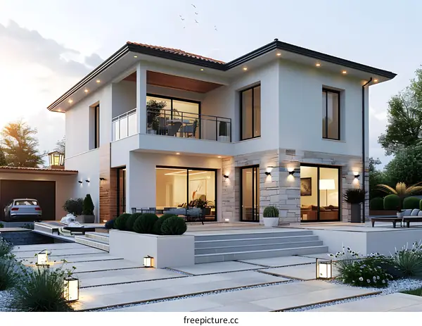 Modern two story house with pool and garden
