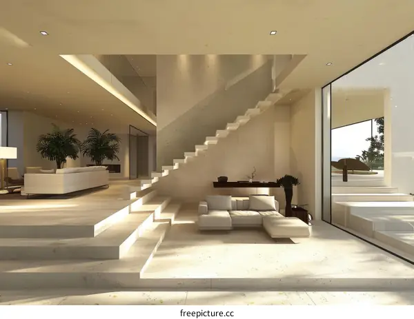 Modern Minimalist Villa Interior with Open Floor Plan and Staircase