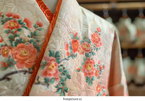 Close Up of Traditional Japanese Kimono with Floral Pattern