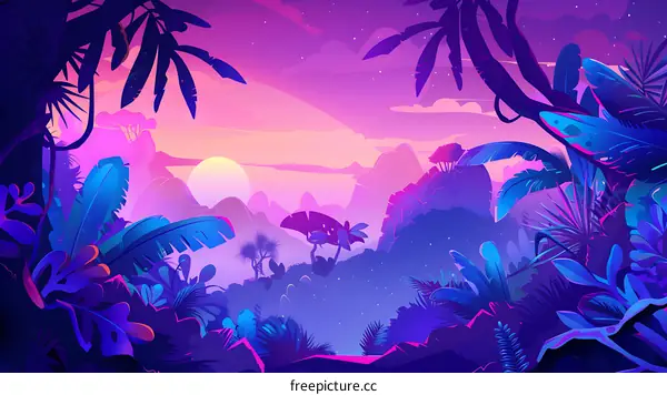 Neon Purple Tropical Sunset Jungle Landscape Illustration