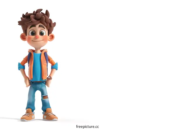 Smiling Cartoon Boy with Backpack  on White Background
