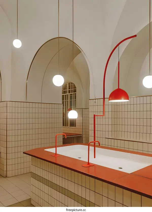 Modern Bathroom with Red Lighting and Archway