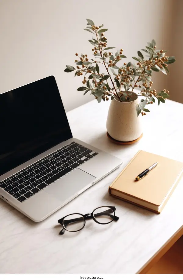Simple Workspace with Laptop and Decorations