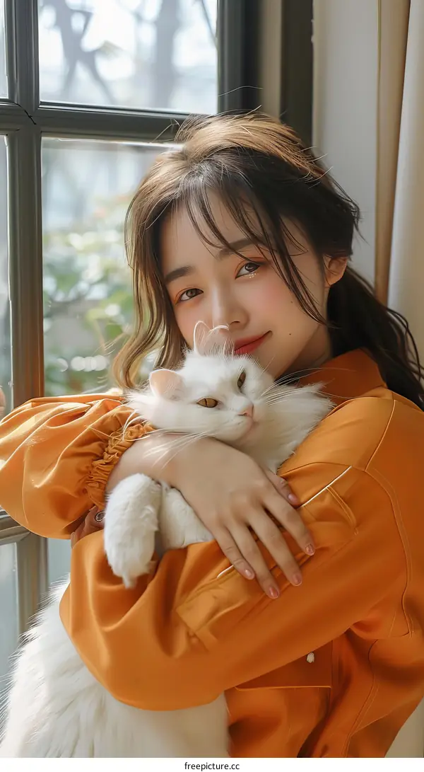 A young woman is hugging a white cat by the window