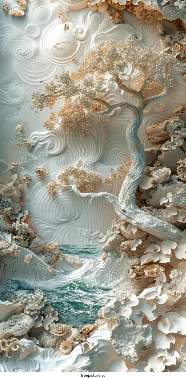 White & Gold 3D Wall Sculpture: Tree & Ocean Waves