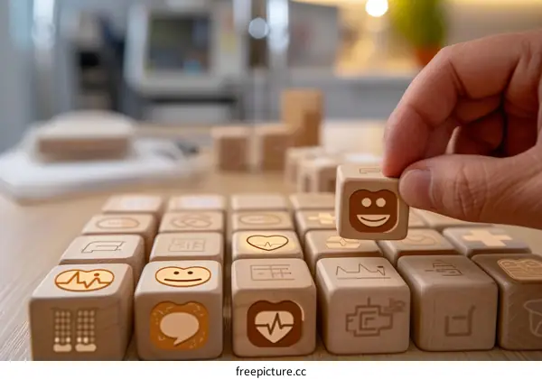 Wooden blocks with various symbols including a smiley face