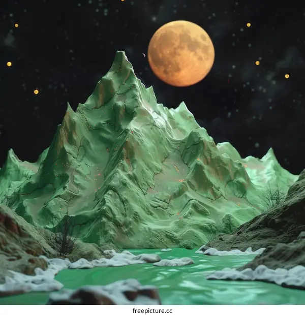 Green mountain with a large moon in the background