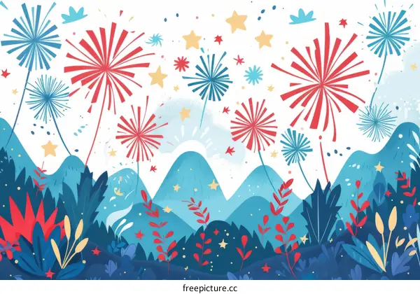 Fireworks Over Mountains And Plants