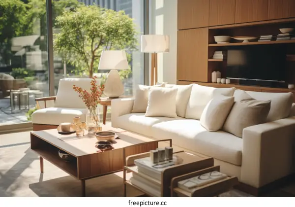 Bright living room with large windows and white furniture