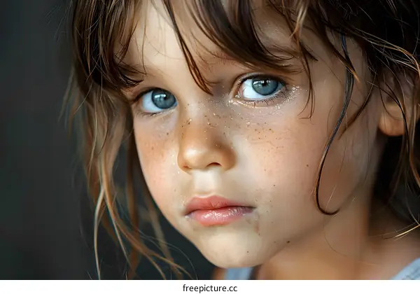 Portrait of a Little Girl with Blue Eyes and Brown Hair