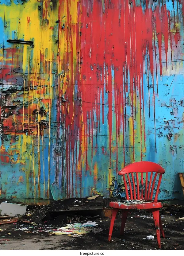Red Chair Against a Colorful Wall