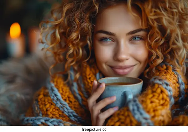 portrait of a beautiful young woman with curly red hair, blue eyes, and a warm smile, wearing a cozy yellow sweater, holding a cup of tea