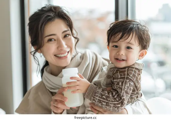 A young mother is feeding her baby boy with a bottle of milk.