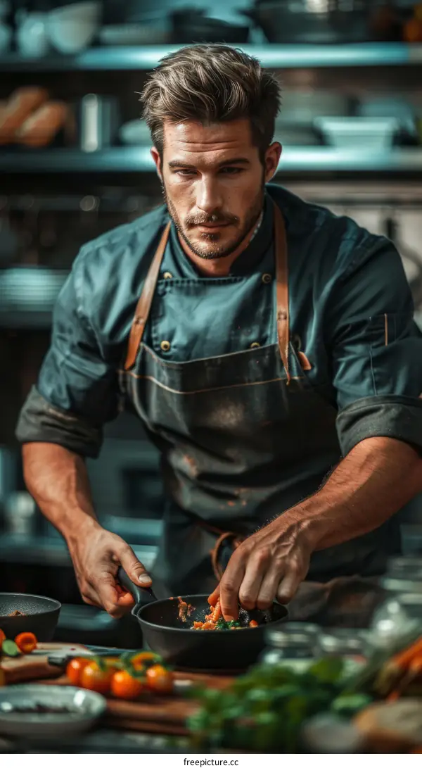 Focused male chef cooking in a commercial kitchen